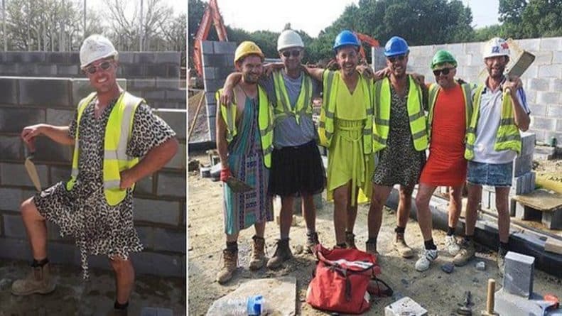 Общество: Изнывающие от жары каменщики обошли запрет на работу в шортах, нарядившись в платья