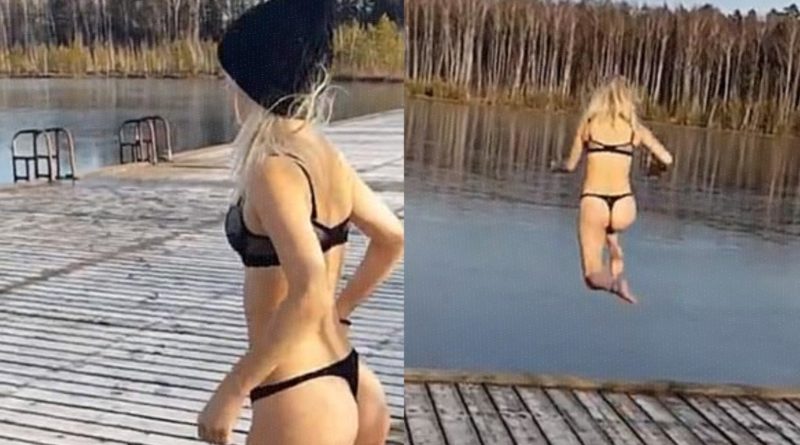 Юмор: Девушка попыталась пробить лед замерзшего озера, но все пошло не по плану (видео)