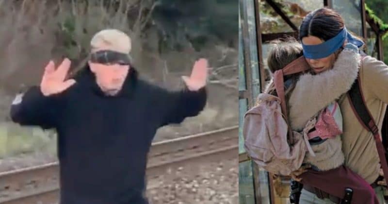 Общество: Опасный челлендж "Птичий короб": британец бродит по рельсам с завязанными глазами (видео)